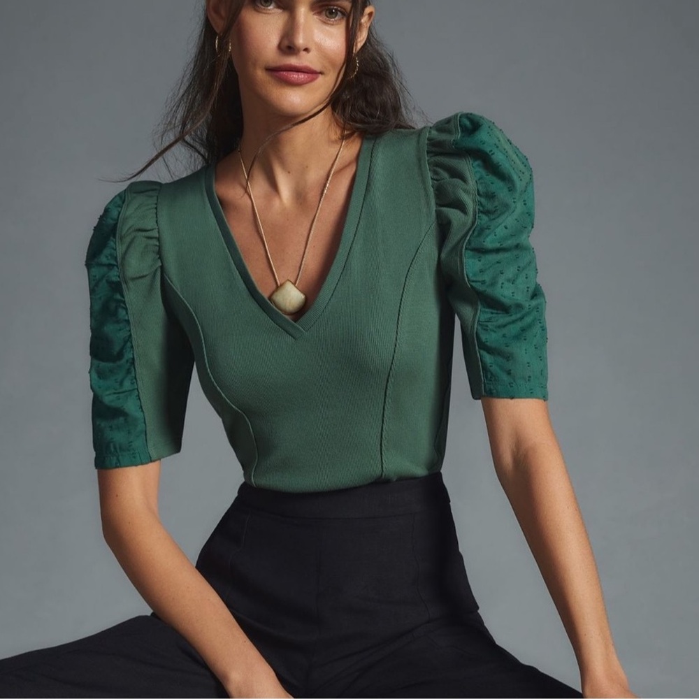Anthropologie Puff Sleeve Structured V Neck Tee